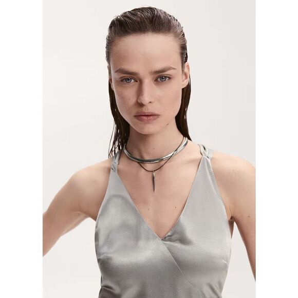 Mango MNG Women's Asymmetrical Satin-finish Dress w/ Asymmetrical Hem Silver Siz - Picture 5 of 16